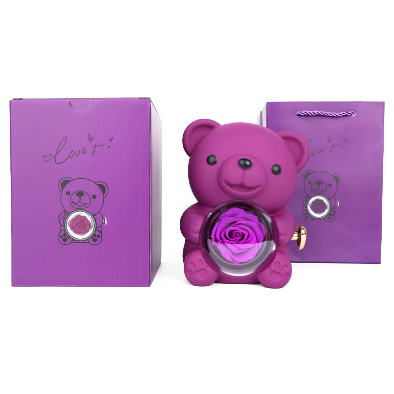 Preserved Rose Teddy Bear Gift I for You Necklace-Eternal Flowers for Graduation Mom Wife Girlfriend-Long Lasting 3-5 Years