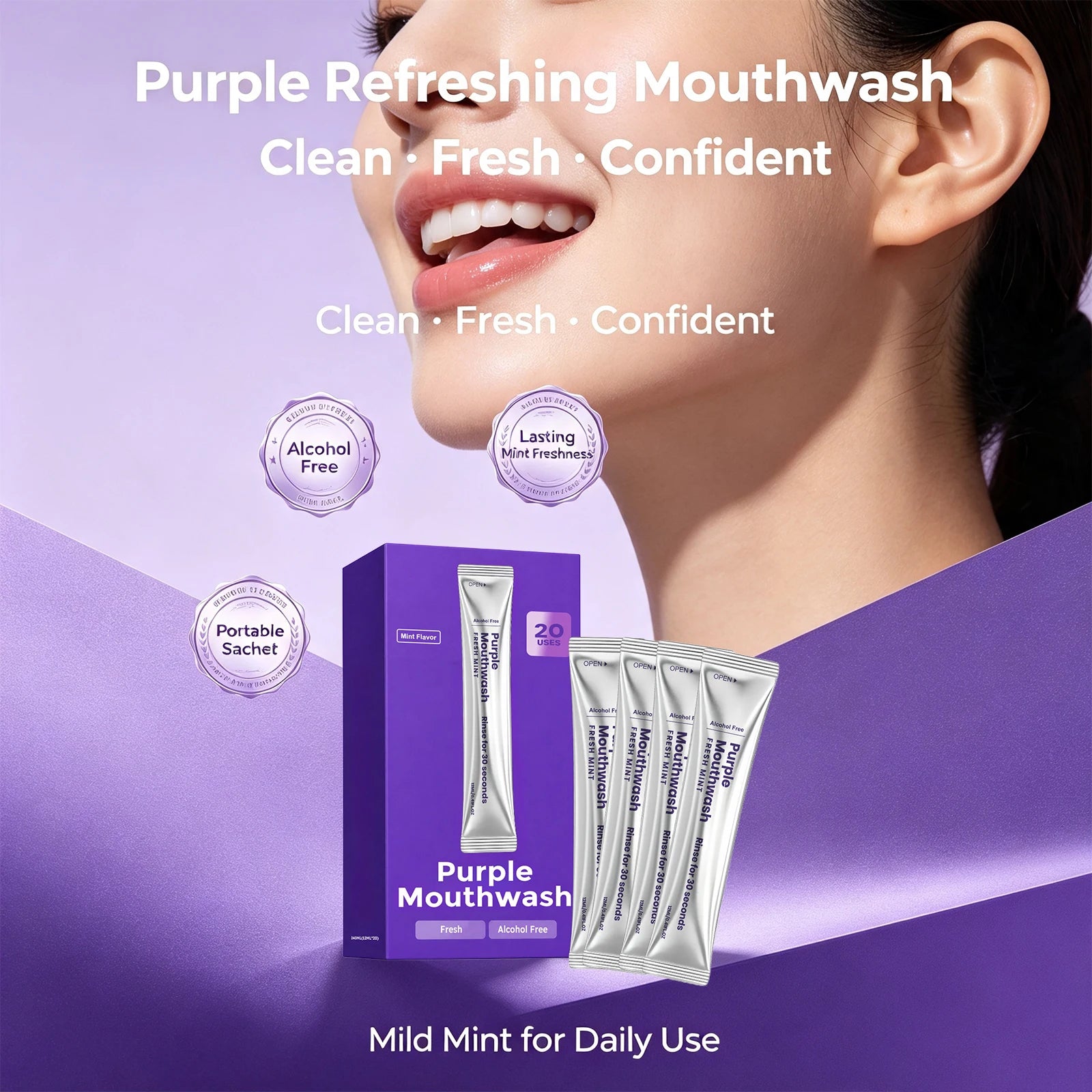 Purple Mouthwash Strips Alcohol Free Long Lasting Mint Fresh Breath Remove Stain Tone up Yellow Teeth Portable Mouthwash 20PCS