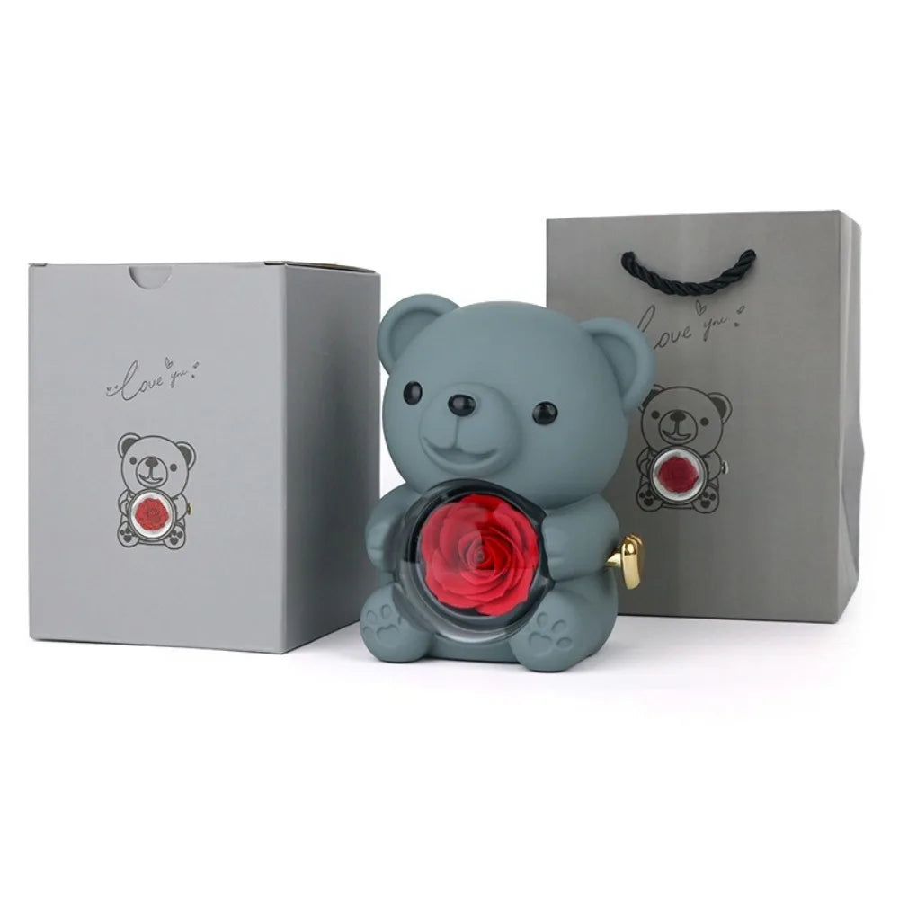 Plastic Rotating Hugging Bear Jewelry Box Romantic Cute Rose Bear Gifts Box with Soap Rose Jewelry Display