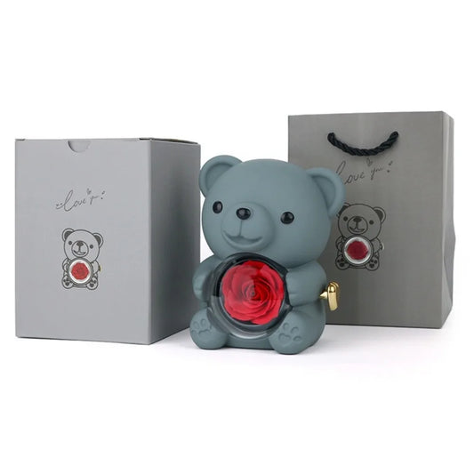 Plastic Rotating Hugging Bear Jewelry Box Romantic Cute Rose Bear Gifts Box with Soap Rose Jewelry Display
