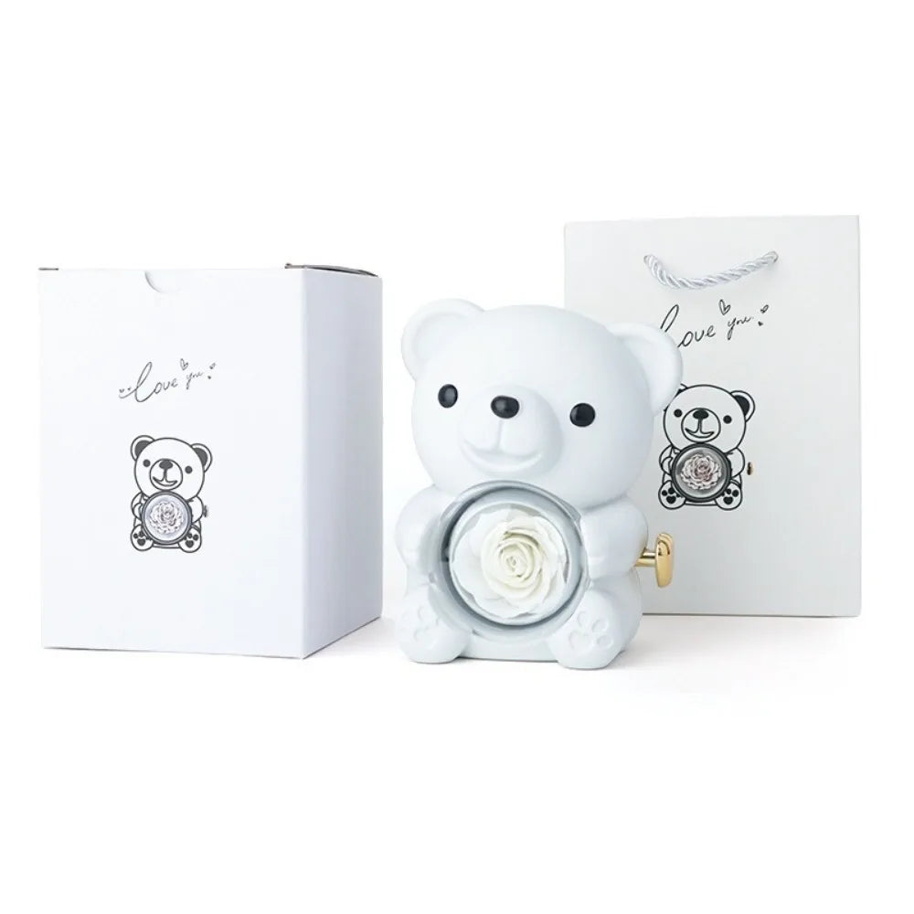 Plastic Rotating Hugging Bear Jewelry Box Romantic Cute Rose Bear Gifts Box with Soap Rose Jewelry Display