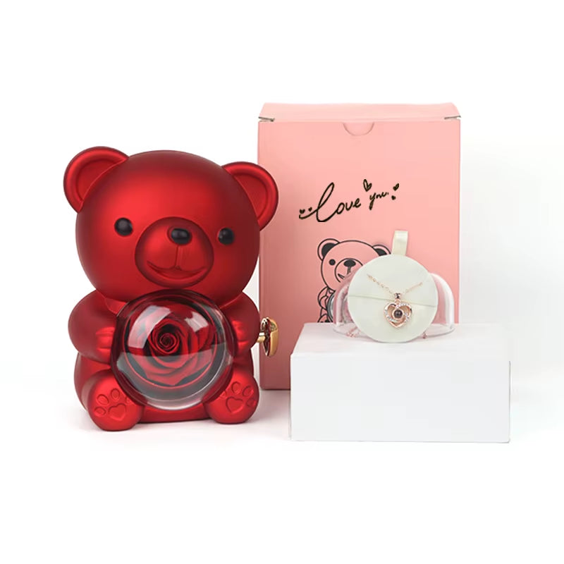Preserved Rose Teddy Bear Gift I for You Necklace-Eternal Flowers for Graduation Mom Wife Girlfriend-Long Lasting 3-5 Years