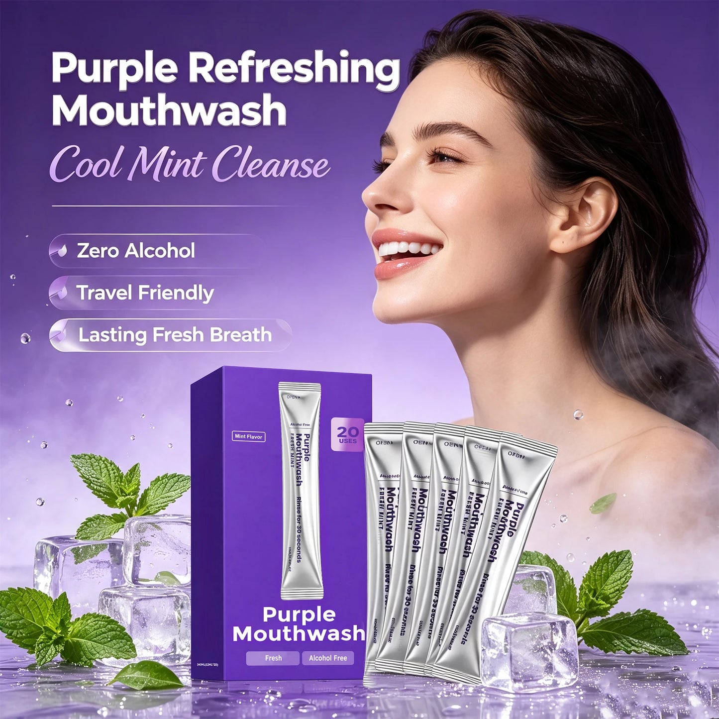 Purple Mouthwash Strips Alcohol Free Long Lasting Mint Fresh Breath Remove Stain Tone up Yellow Teeth Portable Mouthwash 20PCS